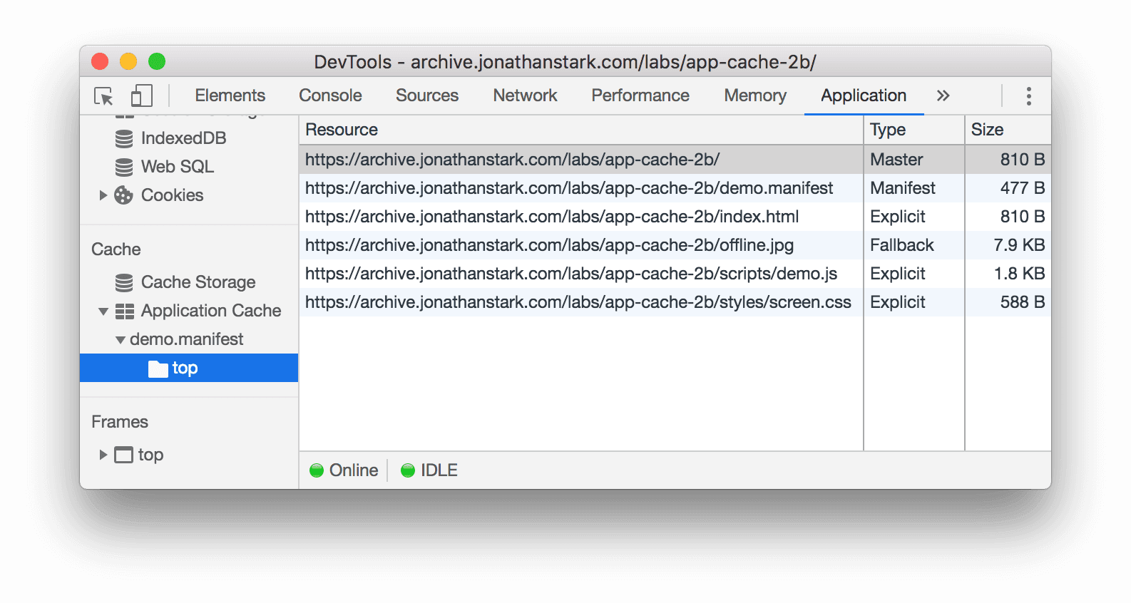 Bereich „Application Cache“