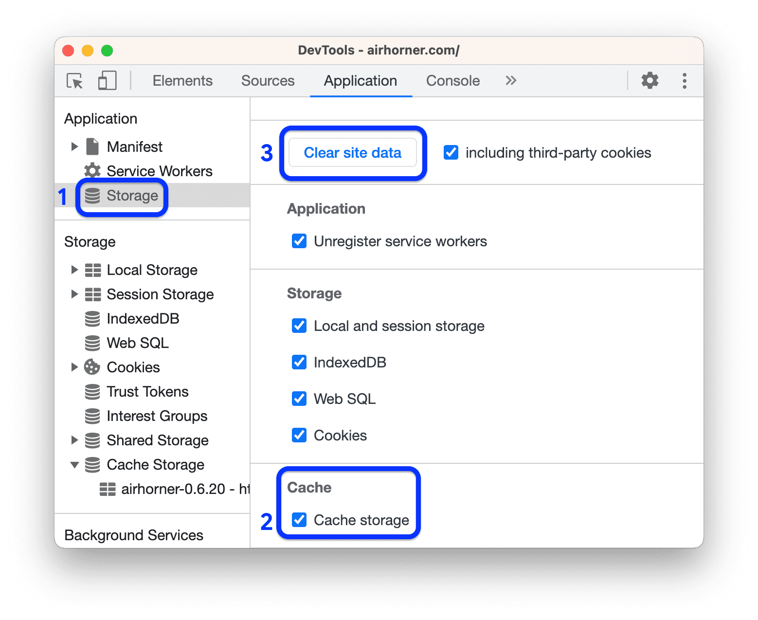 Pole wyboru Pamięć podręczna i przycisk Wyczyść dane witryny