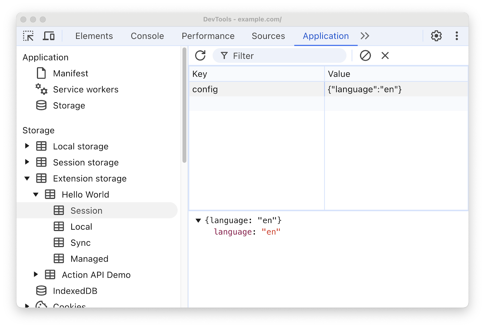 Extension storage panel in Application tab