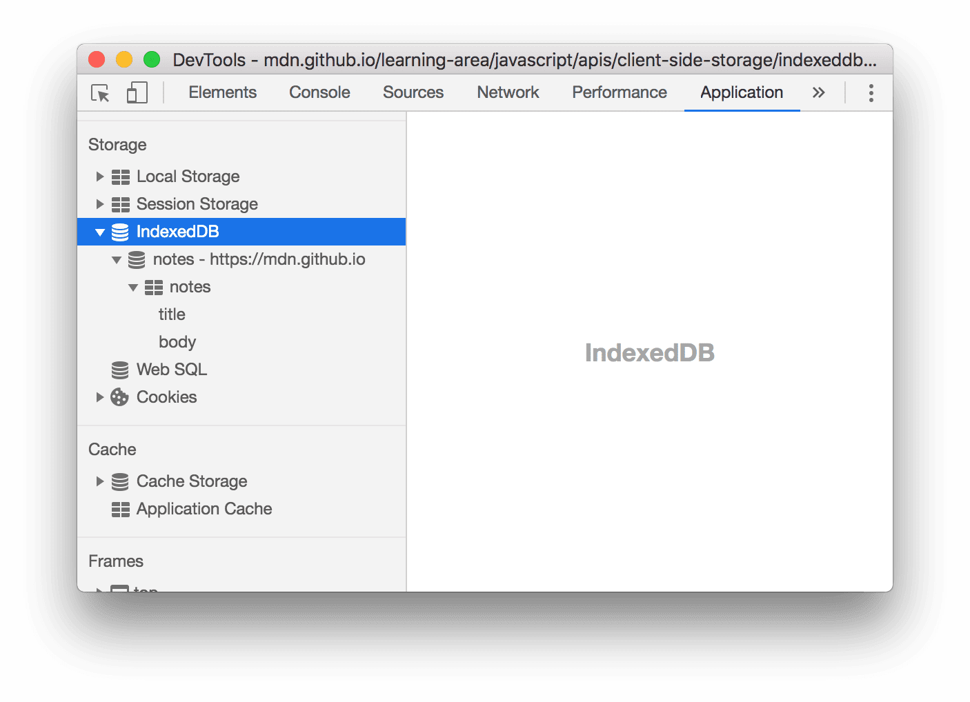 Menu do IndexedDB