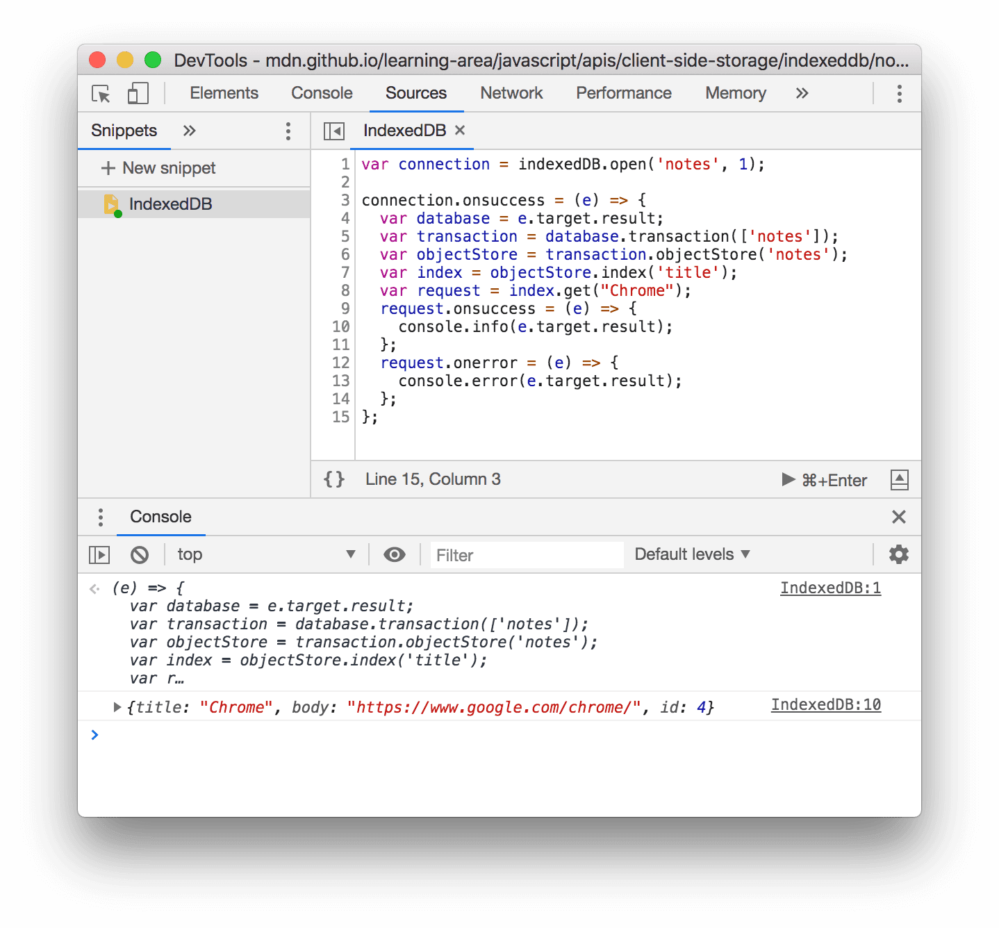 שימוש בקטע קוד (snippet) כדי לקיים אינטראקציה עם IndexedDB