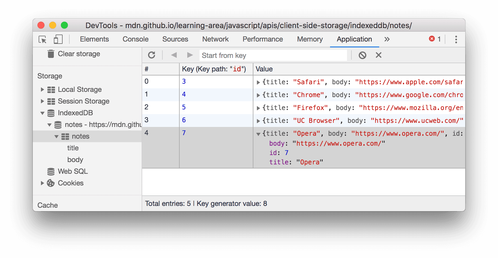 Visualizzazione di un valore IndexedDB