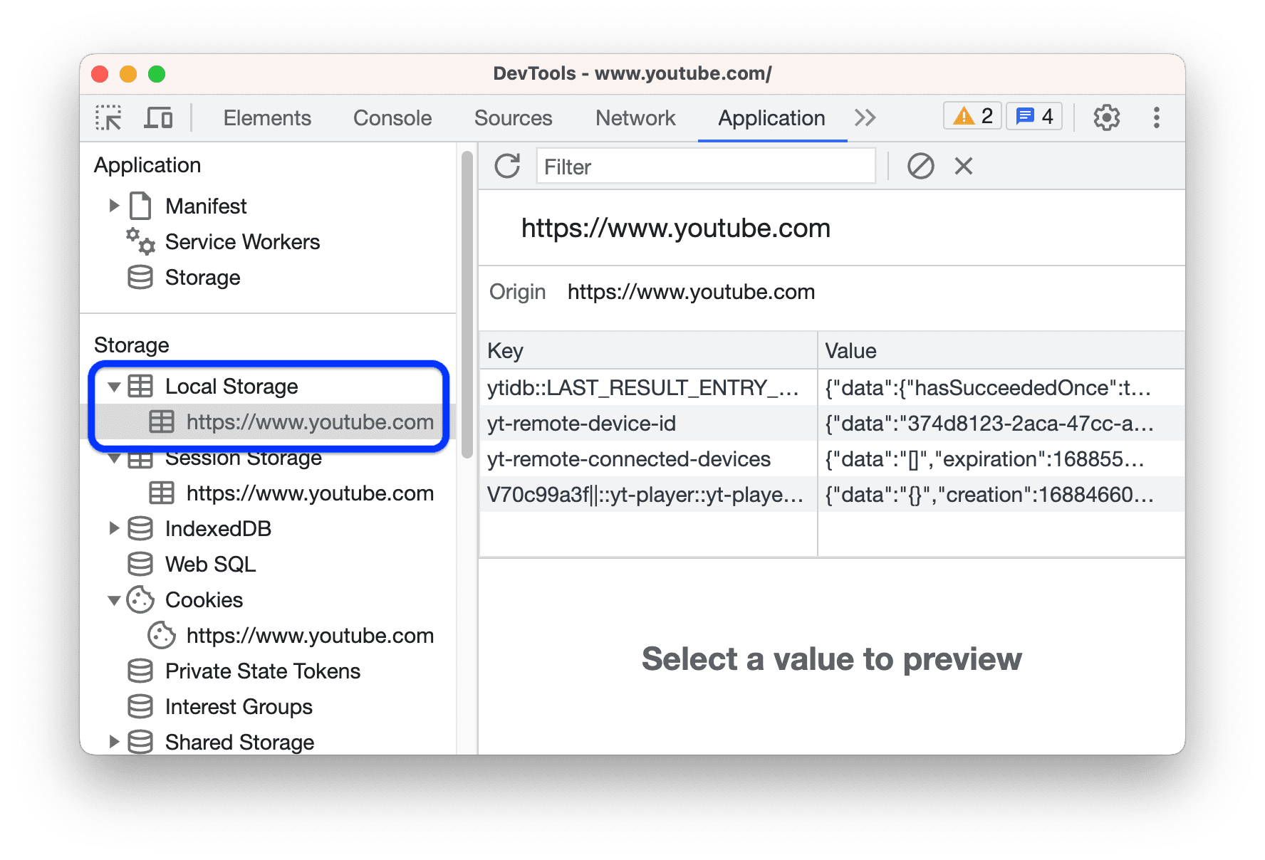 localStorage in browser DevTools