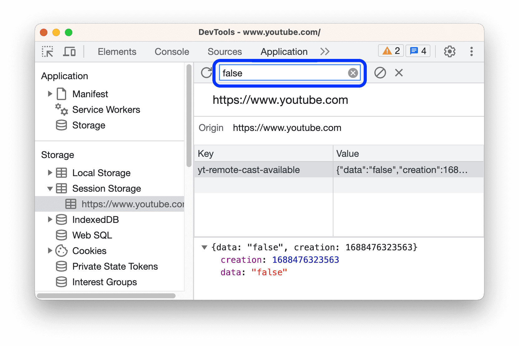 Filtering out key-value pairs that don't contain the string 'false'.