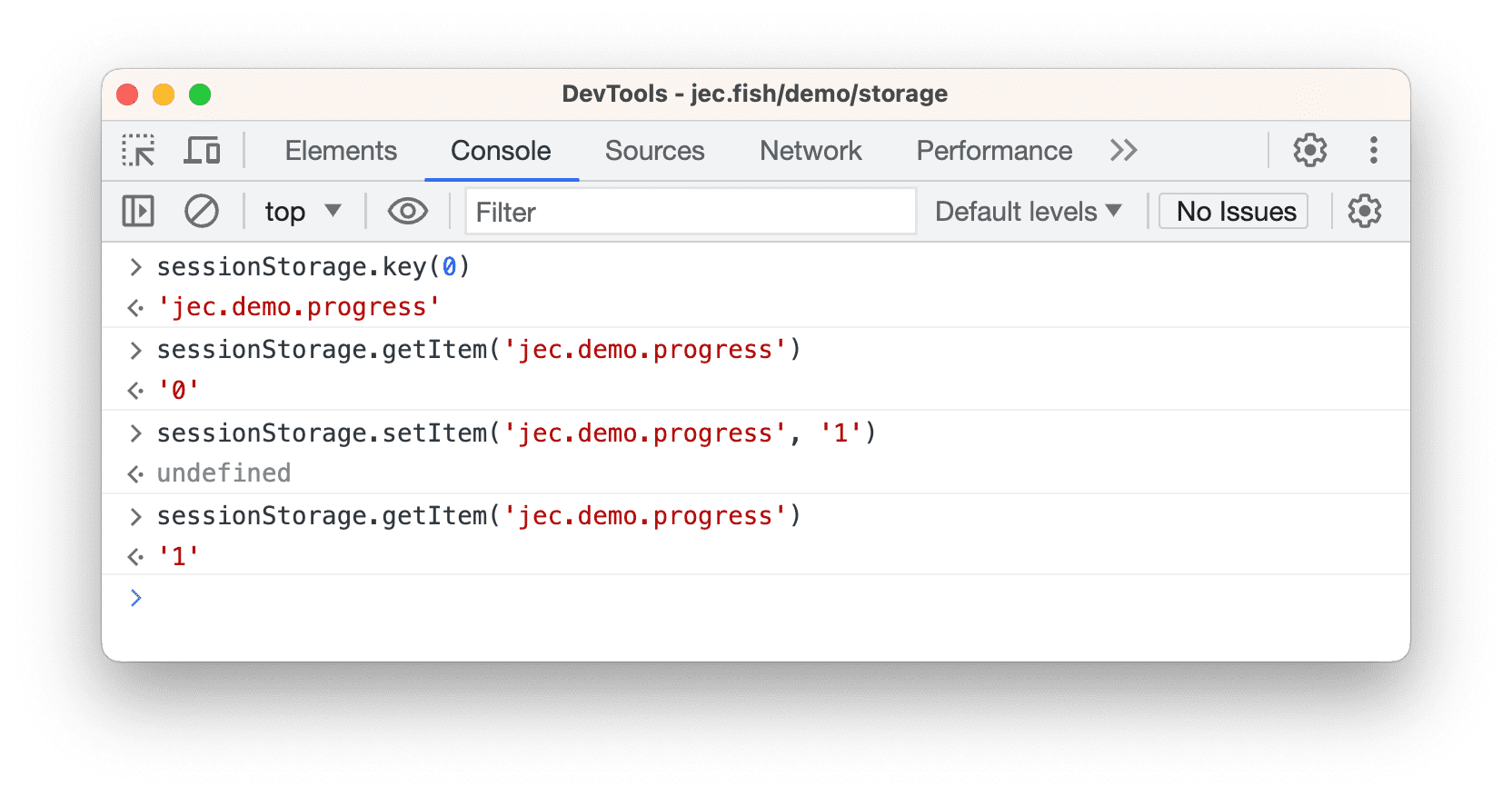 การโต้ตอบกับ `sessionStorage` จากคอนโซล