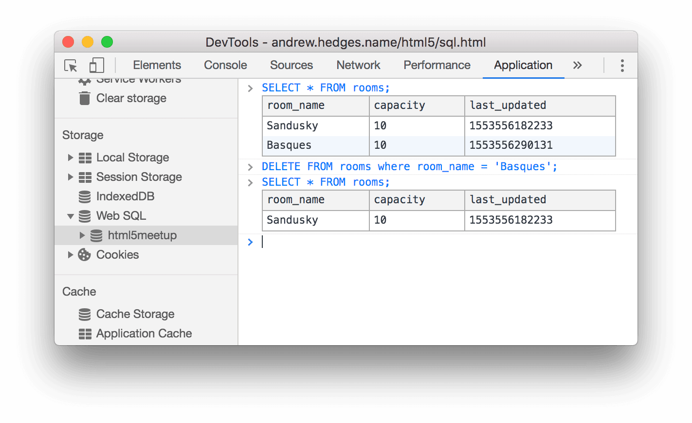 De Web SQL Console gebruiken om een ​​rij uit een tabel te verwijderen.