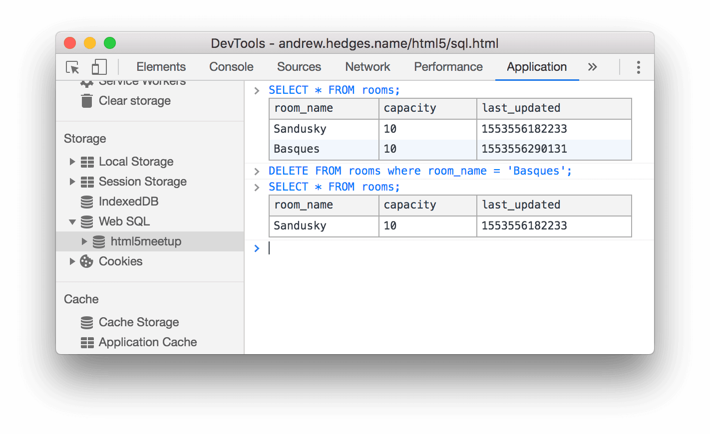 ウェブ SQL コンソールを使用してテーブルから行を削除する。