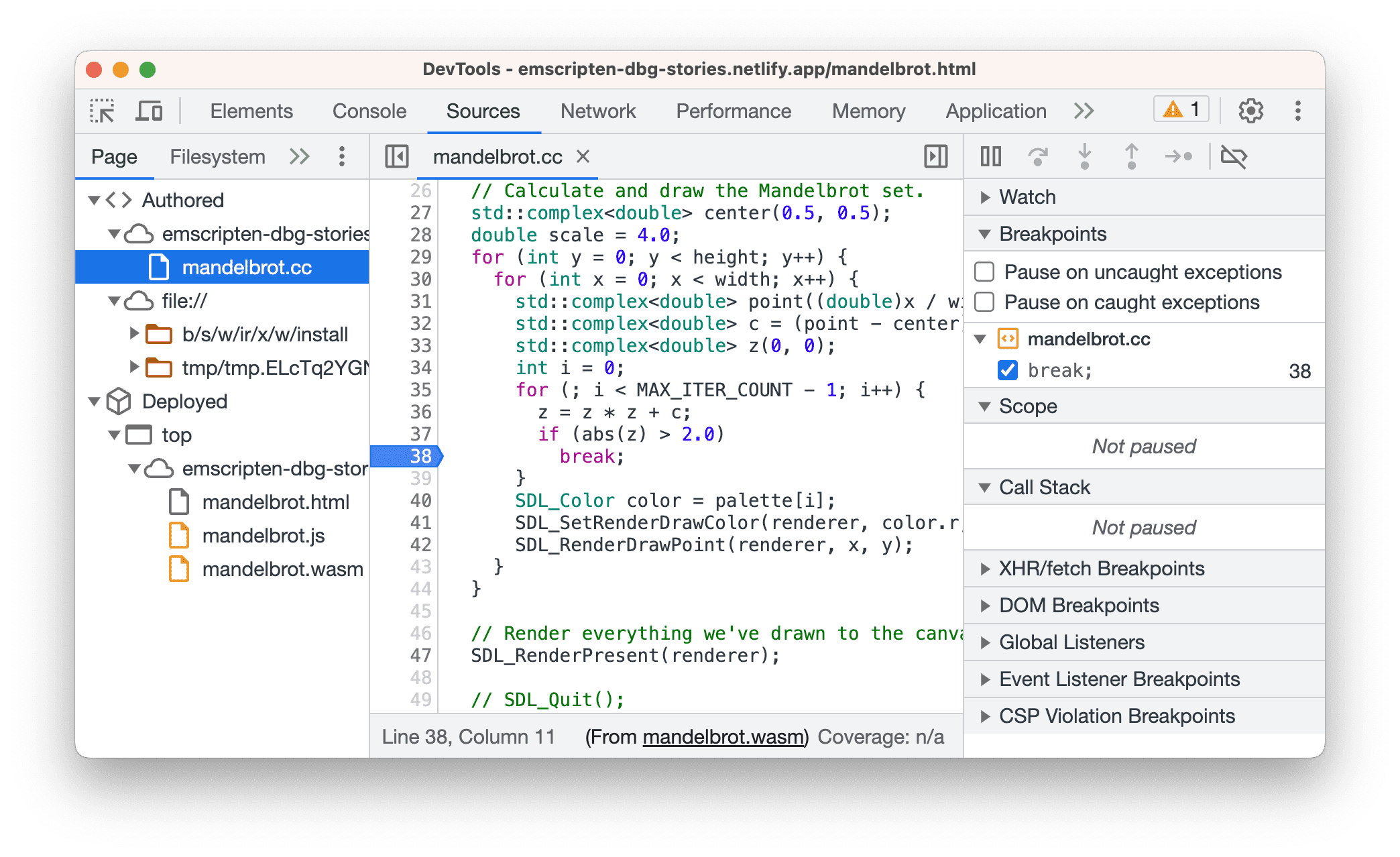 A line-of-code breakpoint set on line 38.