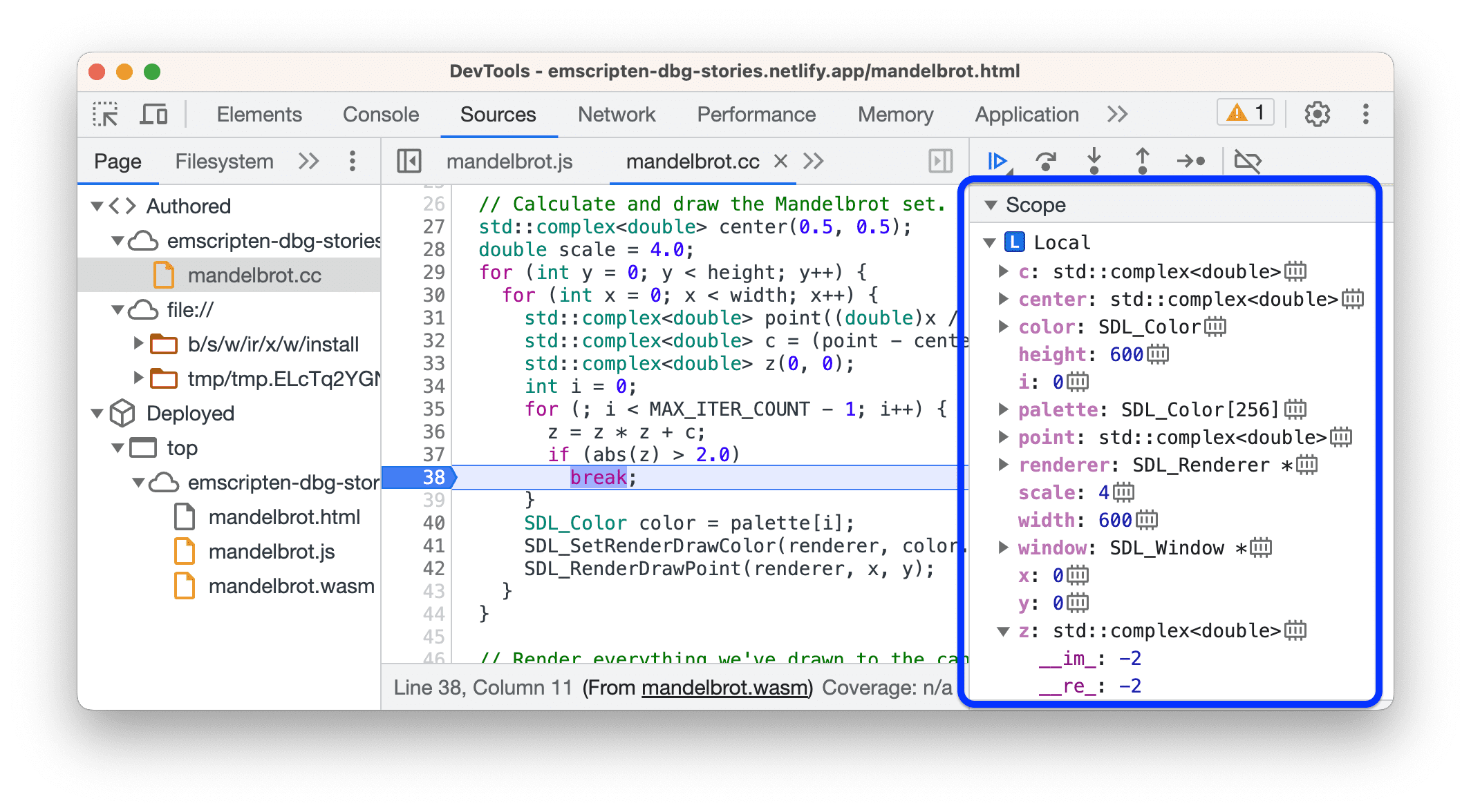 Painel "Escopo" com variáveis locais e os valores delas.