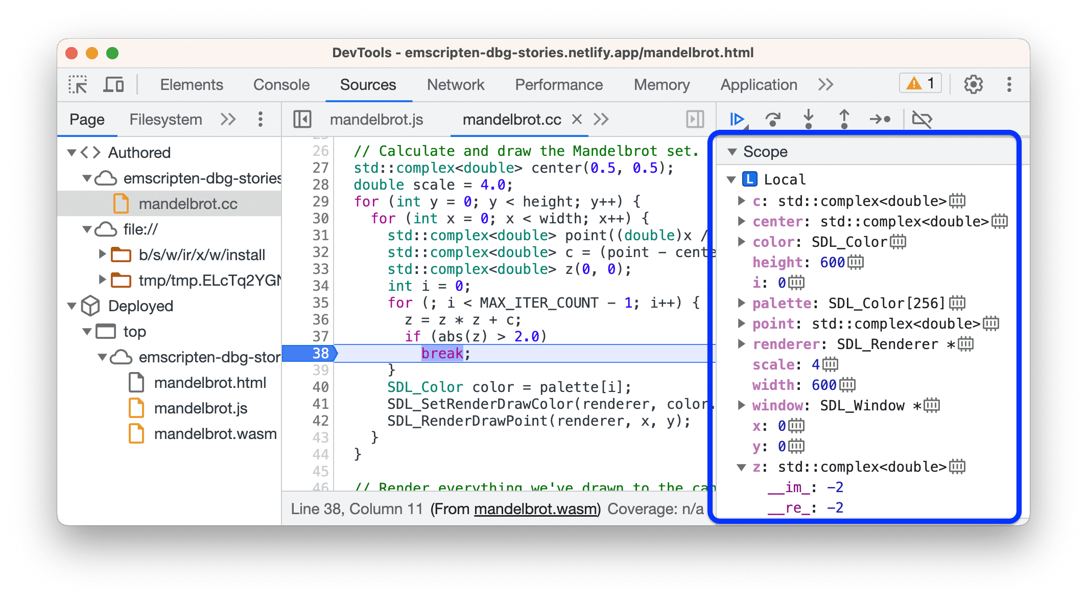 The Scope pane with local variables and their values.