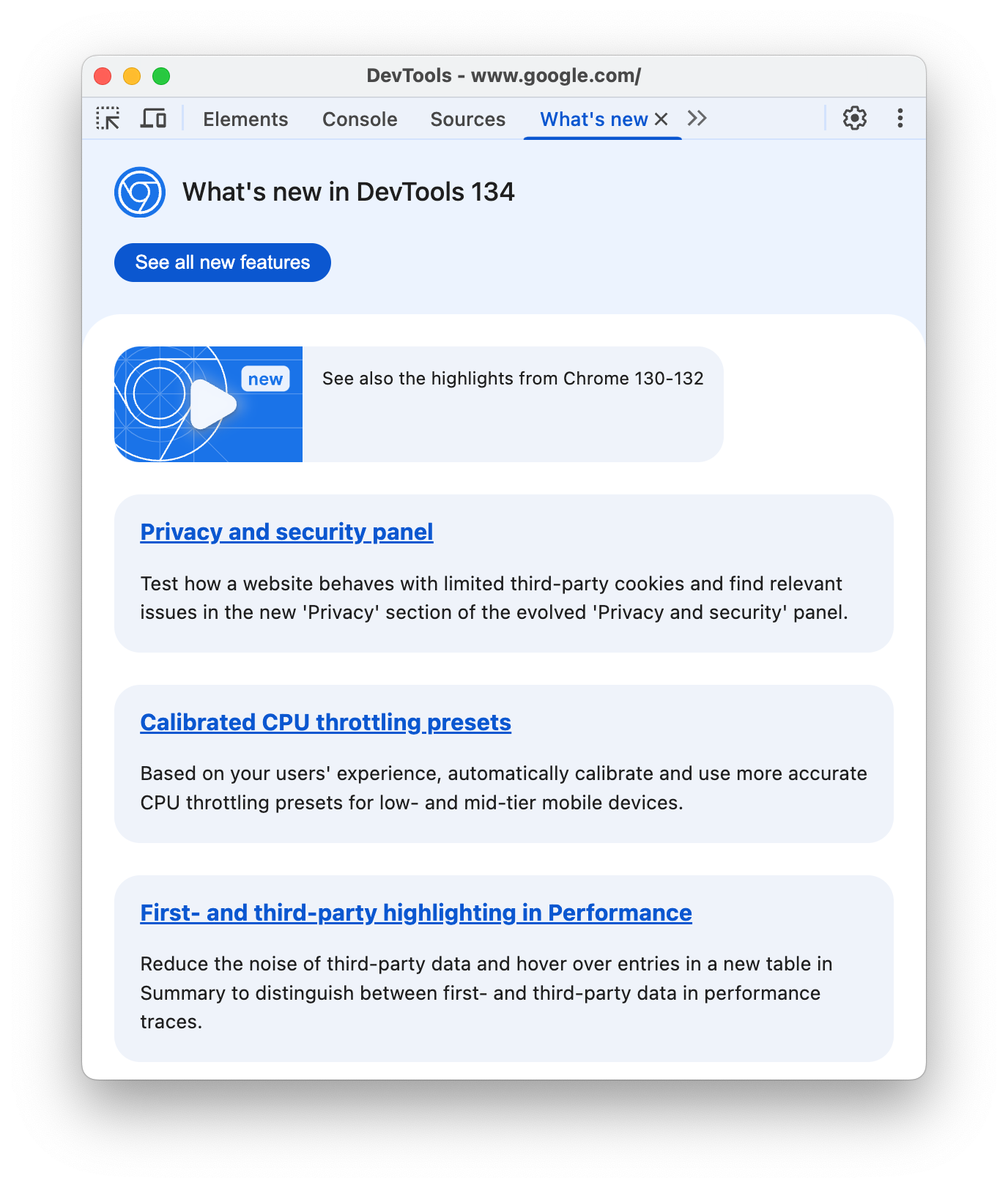 새로운 소식 패널이 열린 DevTools