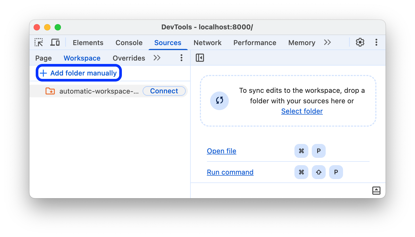 「工作區」分頁中的「手動新增資料夾」按鈕。