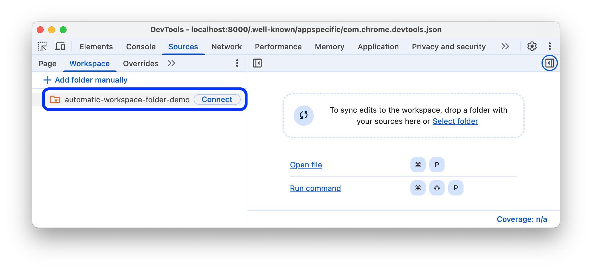 przycisk Połącz obok folderu na karcie Workspace.