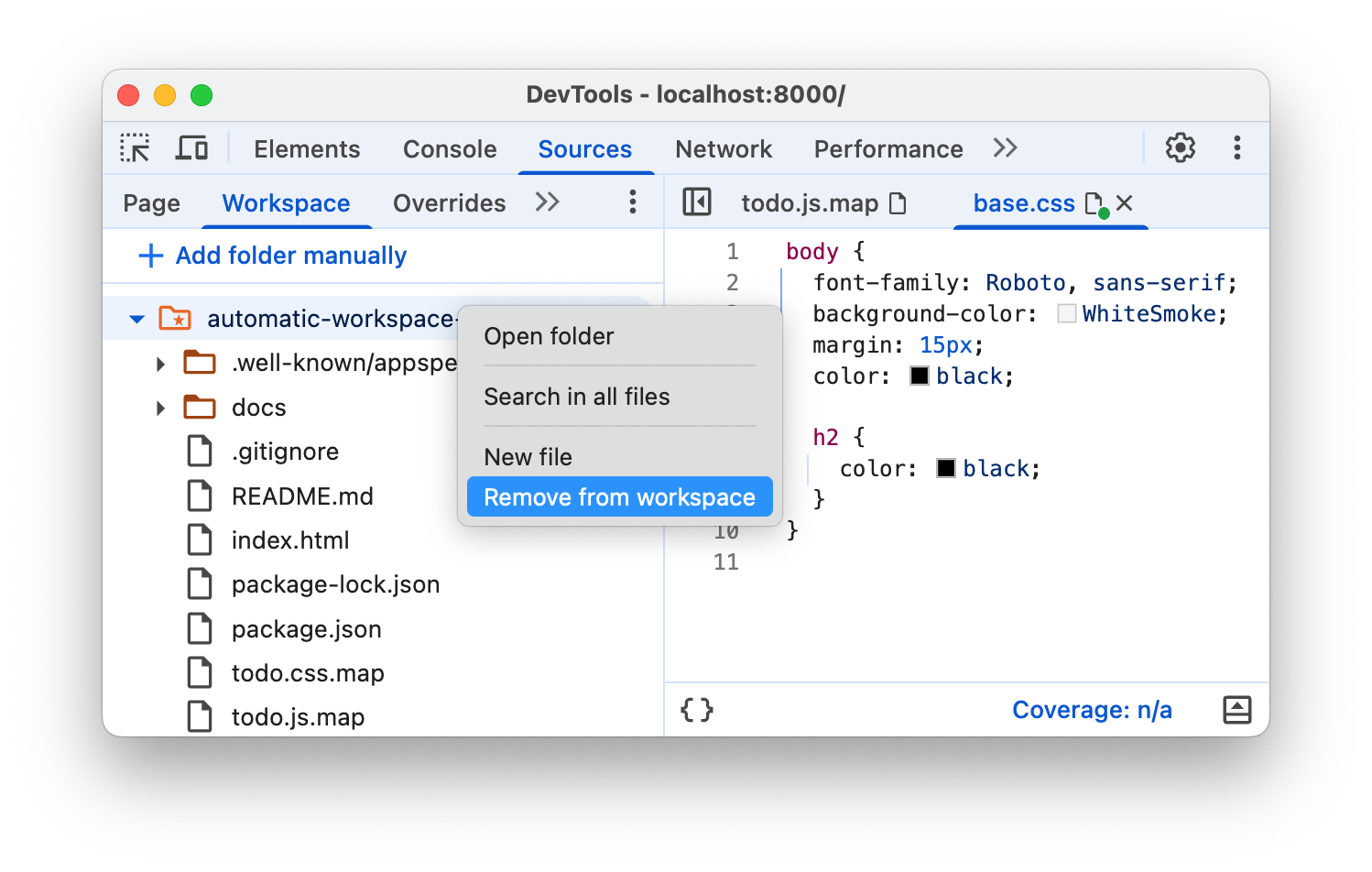La opción "Quitar del espacio de trabajo" en el menú desplegable