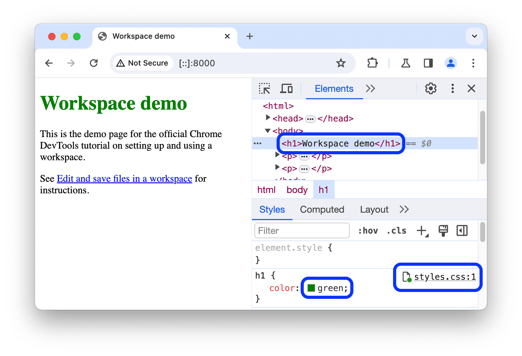 h1 要素の color プロパティを green に設定する。