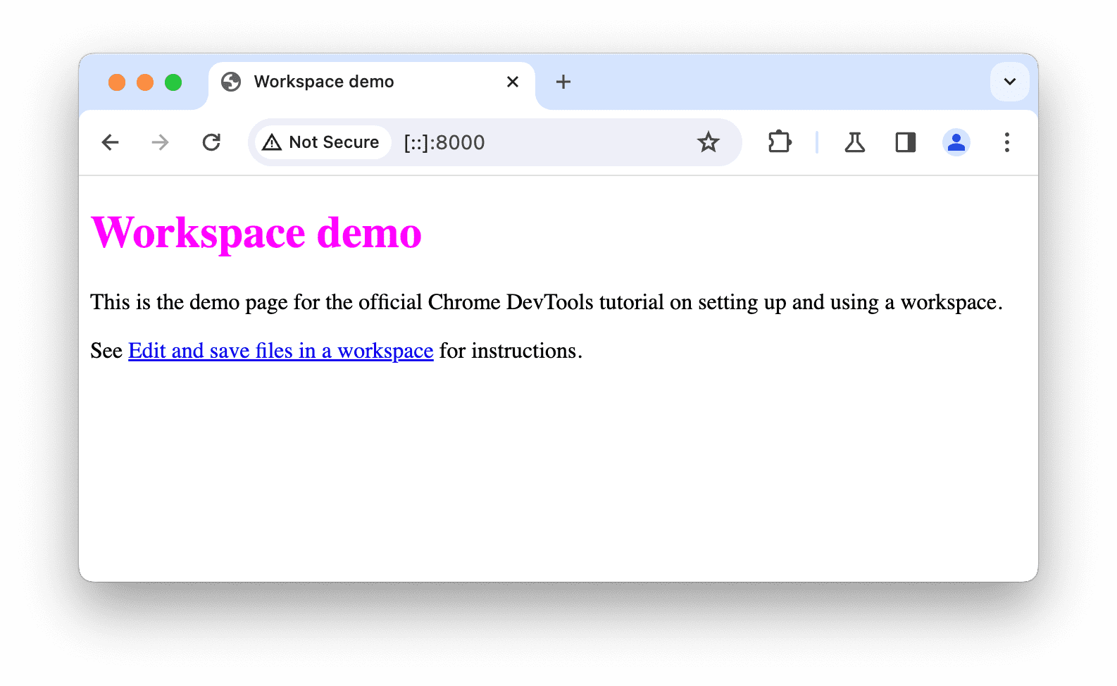 Page de démonstration hébergée en local ouverte dans Chrome.