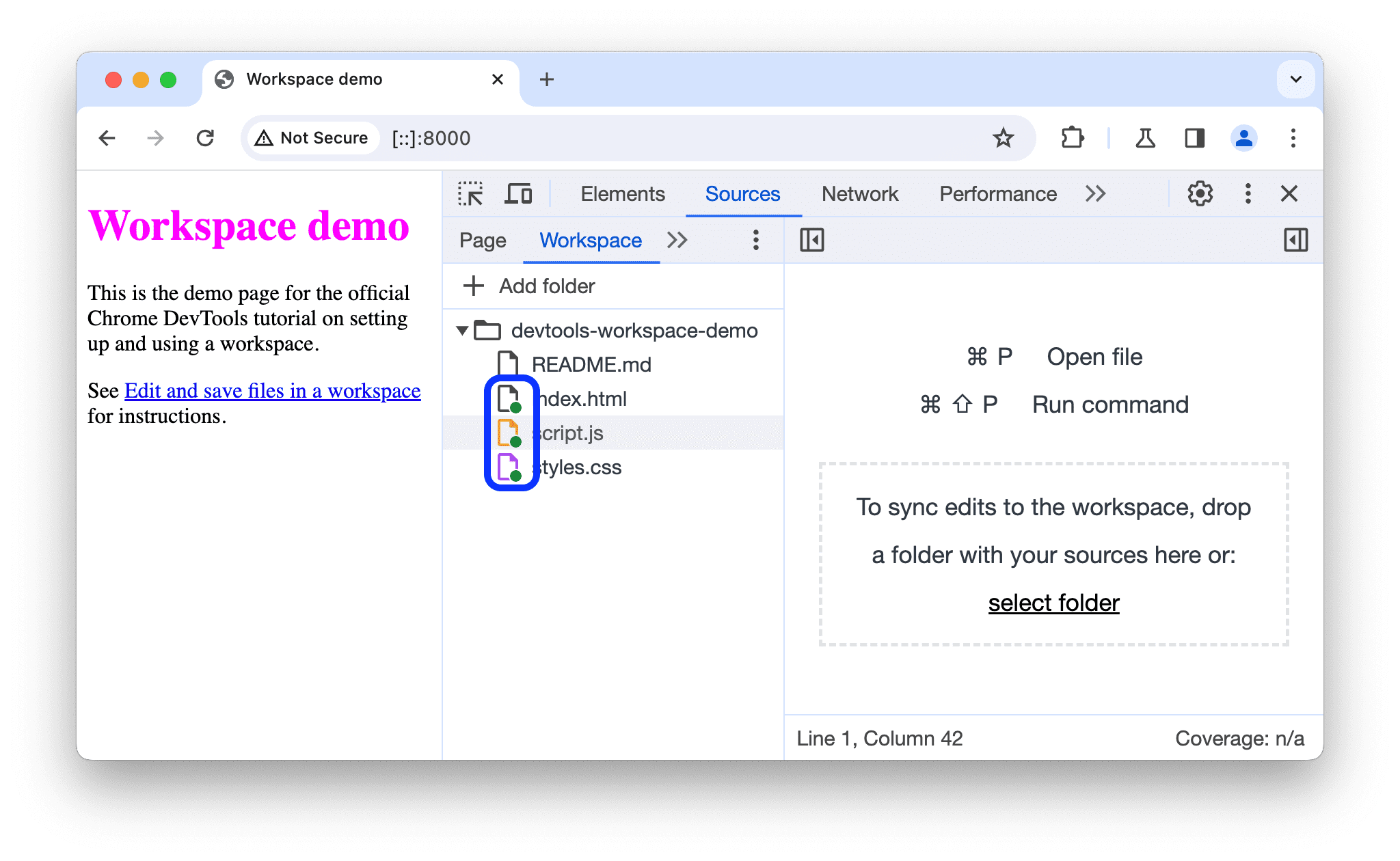 Tab Workspace sekarang menampilkan pemetaan antara file lokal dan file jaringan.