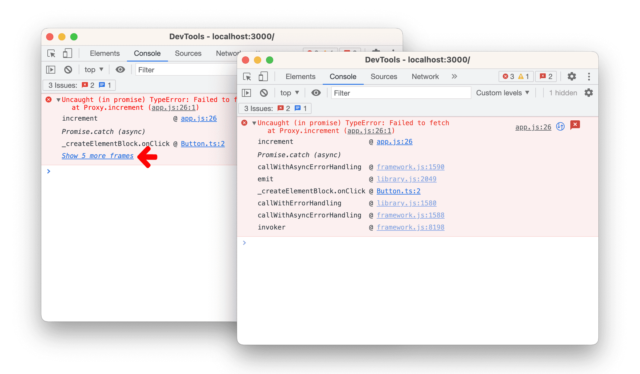 Ein Vergleich zwischen minimiertem und maximiertem Stack-Trace.