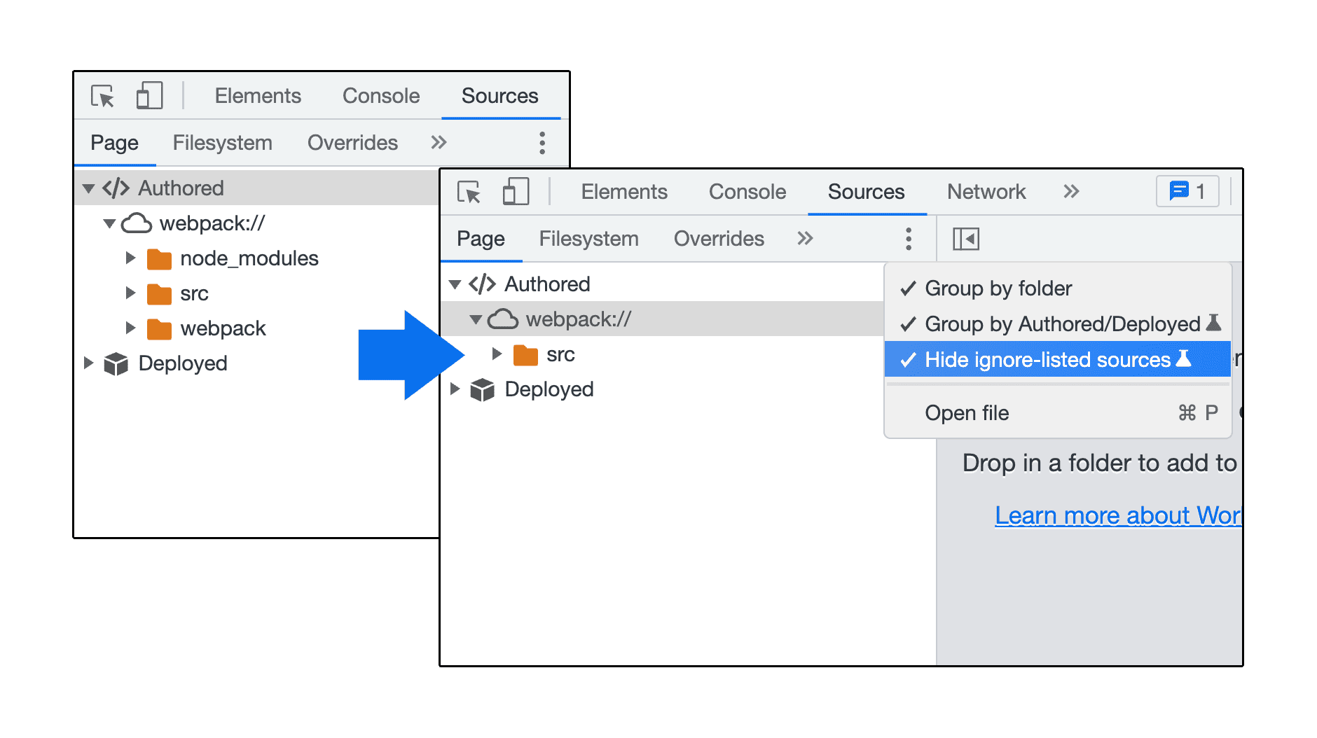 無視リストに含まれるソースを非表示にします。