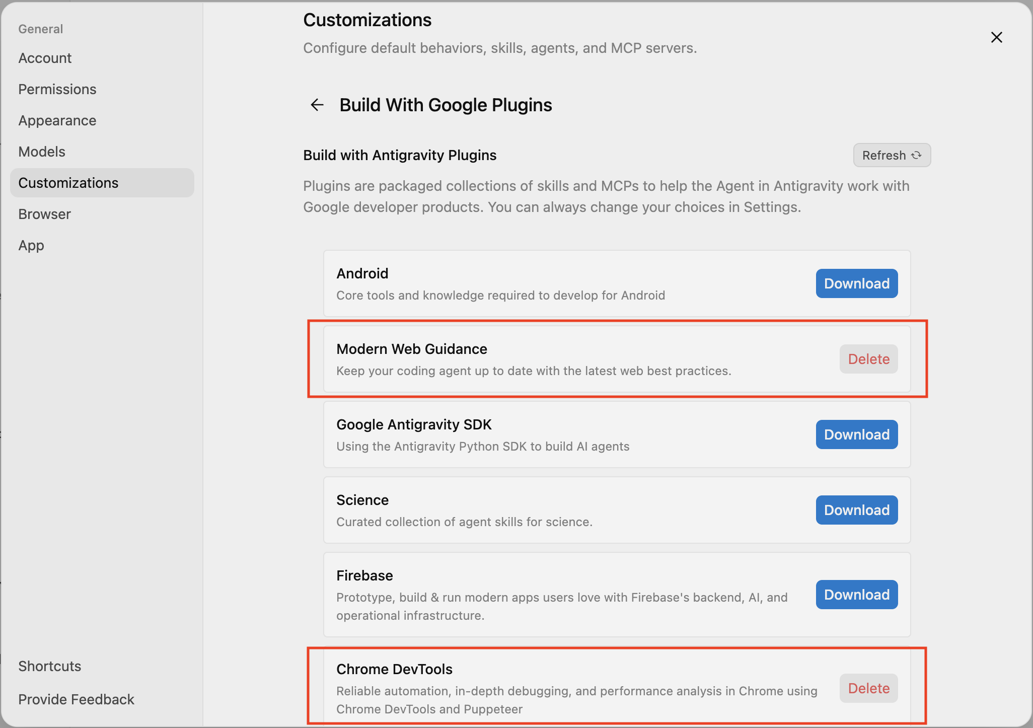 Modern Web Guidance em "Criar com plugins do Google" nas personalizações do Antigravity.