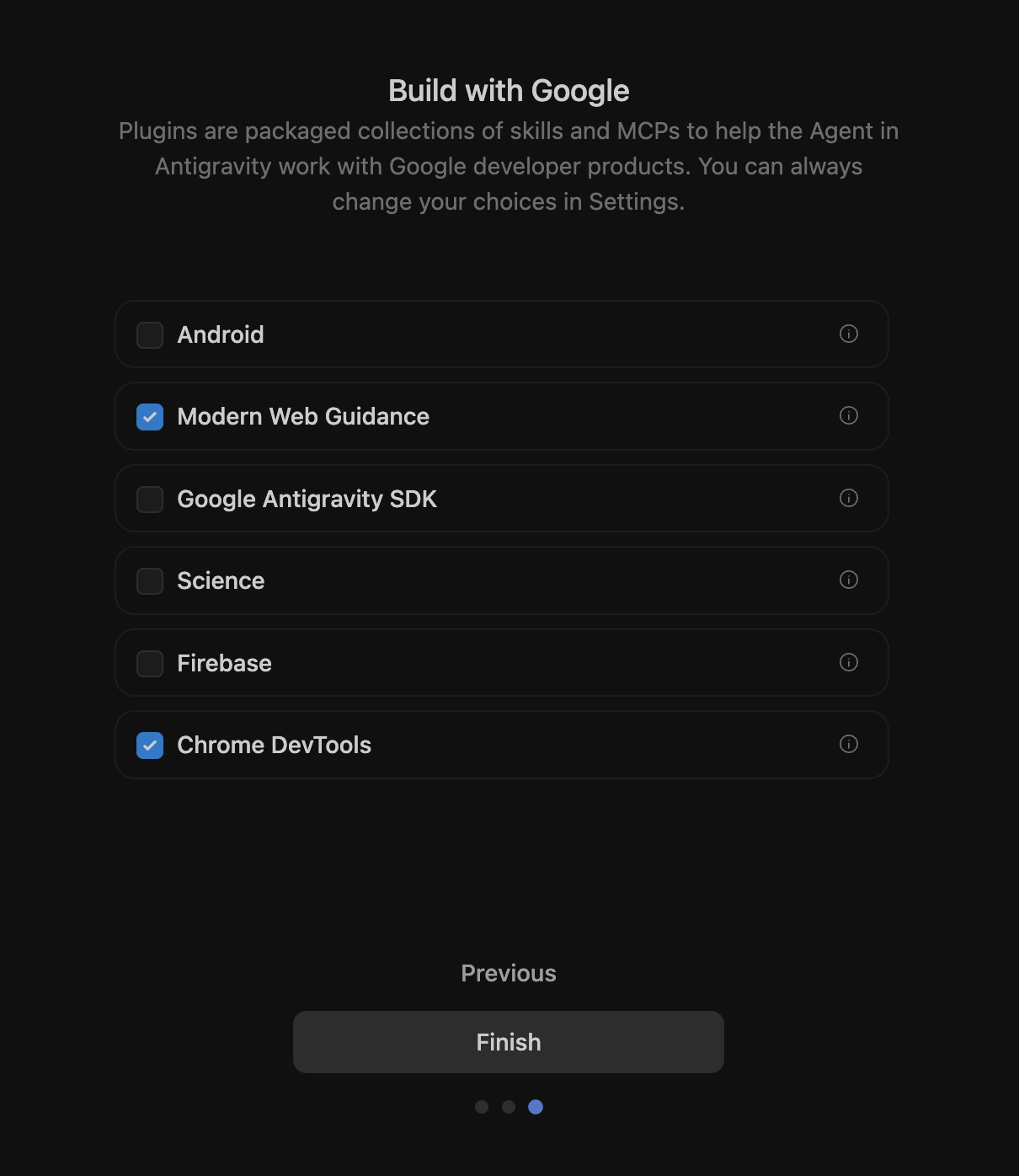 Antigravity के सेटअप इंटरफ़ेस में, डेवलपर टूल और मॉडर्न वेब गाइडेंस के लिए चेकबॉक्स के विकल्प.