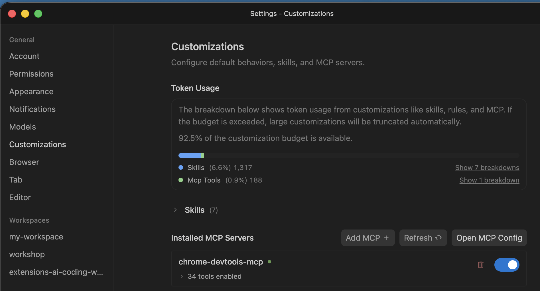 Instalowanie serwera MCP w Narzędziach deweloperskich w Chrome w interfejsie Antigravity.
