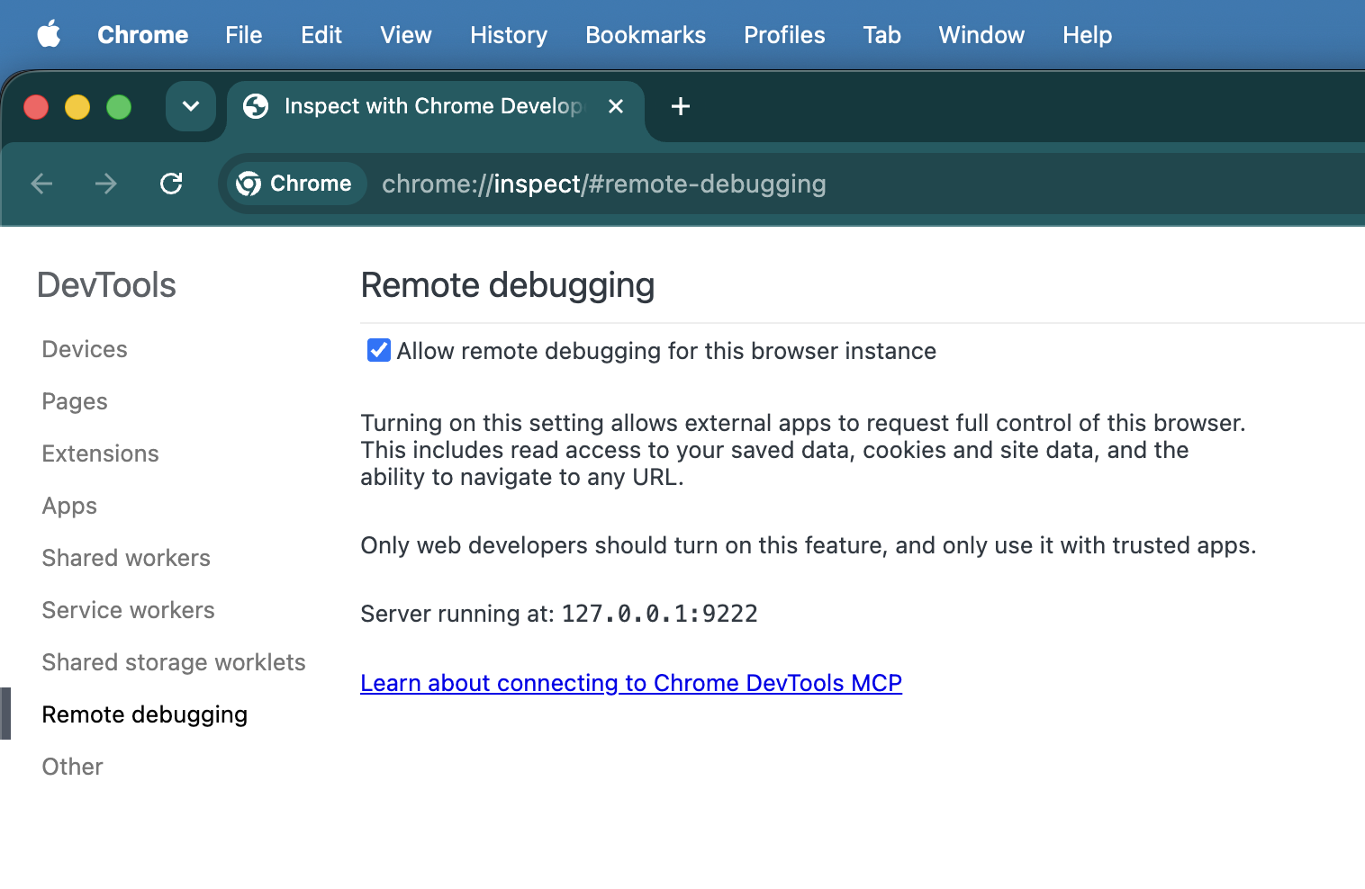 リモート デバッグのチェックボックスが表示されている chrome://inspect ページ。