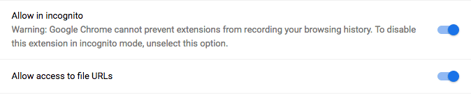 Permitir las URLs de archivo y el modo Incógnito en la página de detalles de la extensión