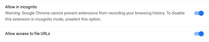 Разрешите отображение URL-адресов файлов и режим инкогнито на странице сведений о расширении.