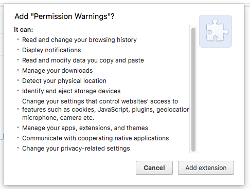एक्सटेंशन इंस्टॉल करते समय अनुमतियों से जुड़ी चेतावनियां