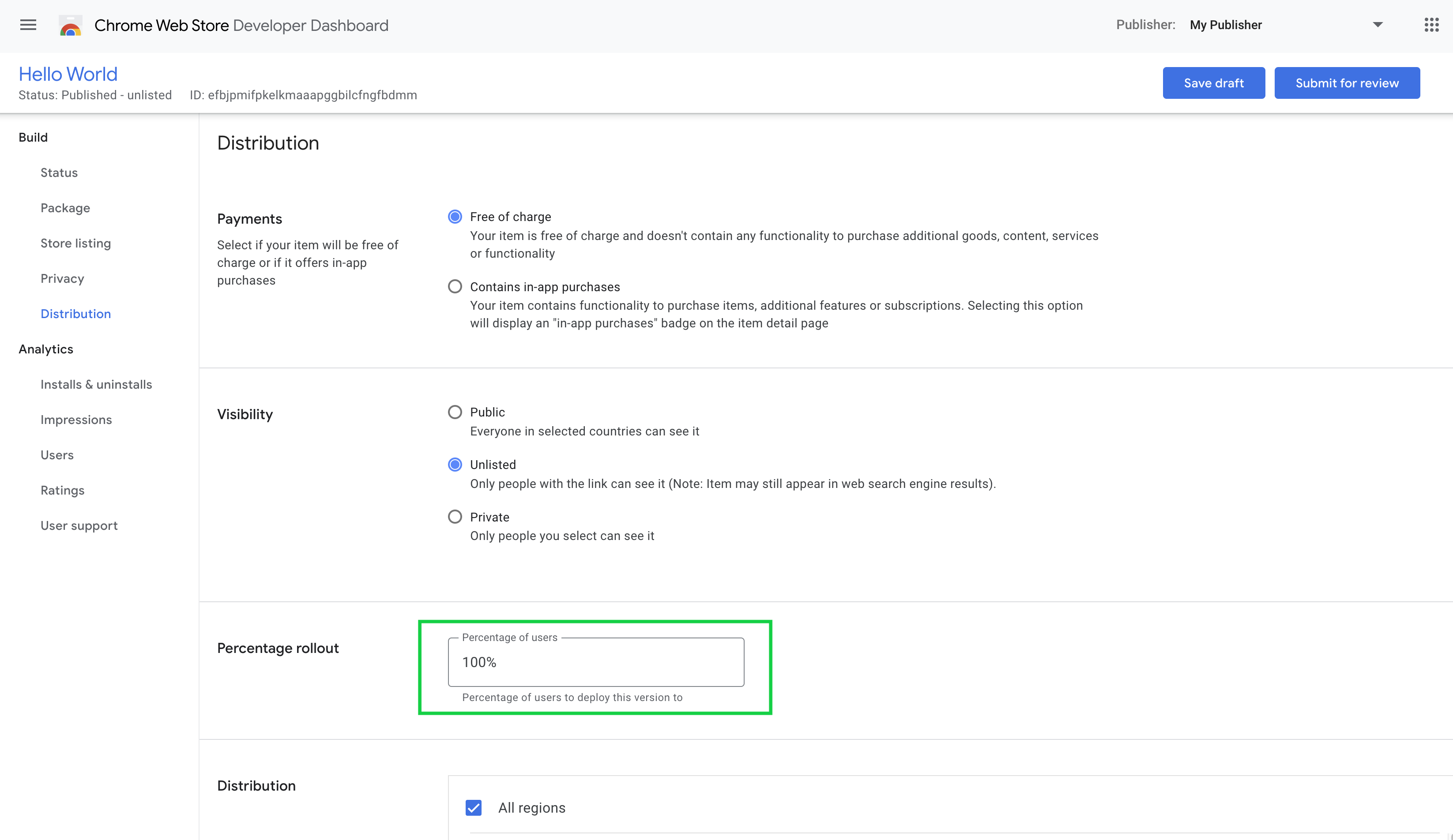 Chrome Web Store fractional rollout field showing in Developer Dashboard