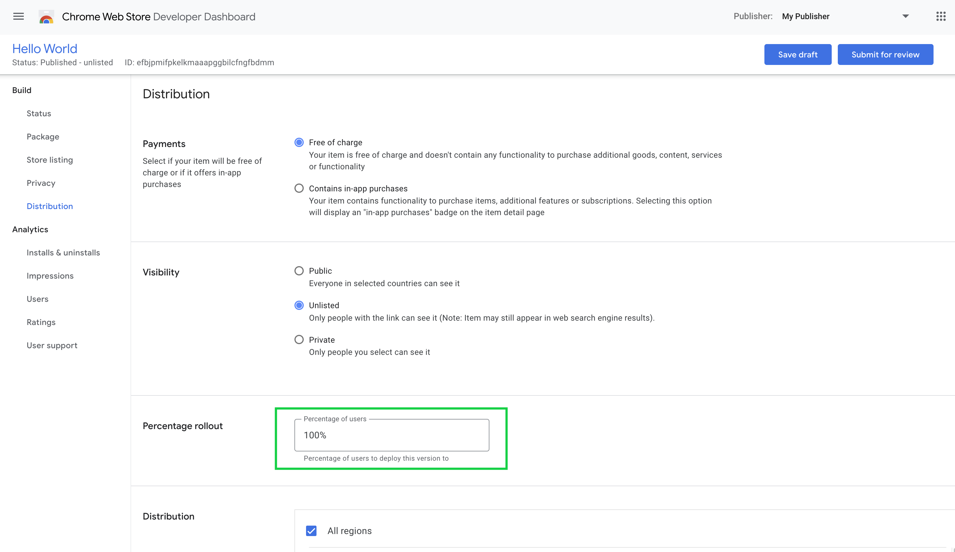 Het veld voor gedeeltelijke implementatie van de Chrome Web Store wordt weergegeven in het ontwikkelaarsdashboard