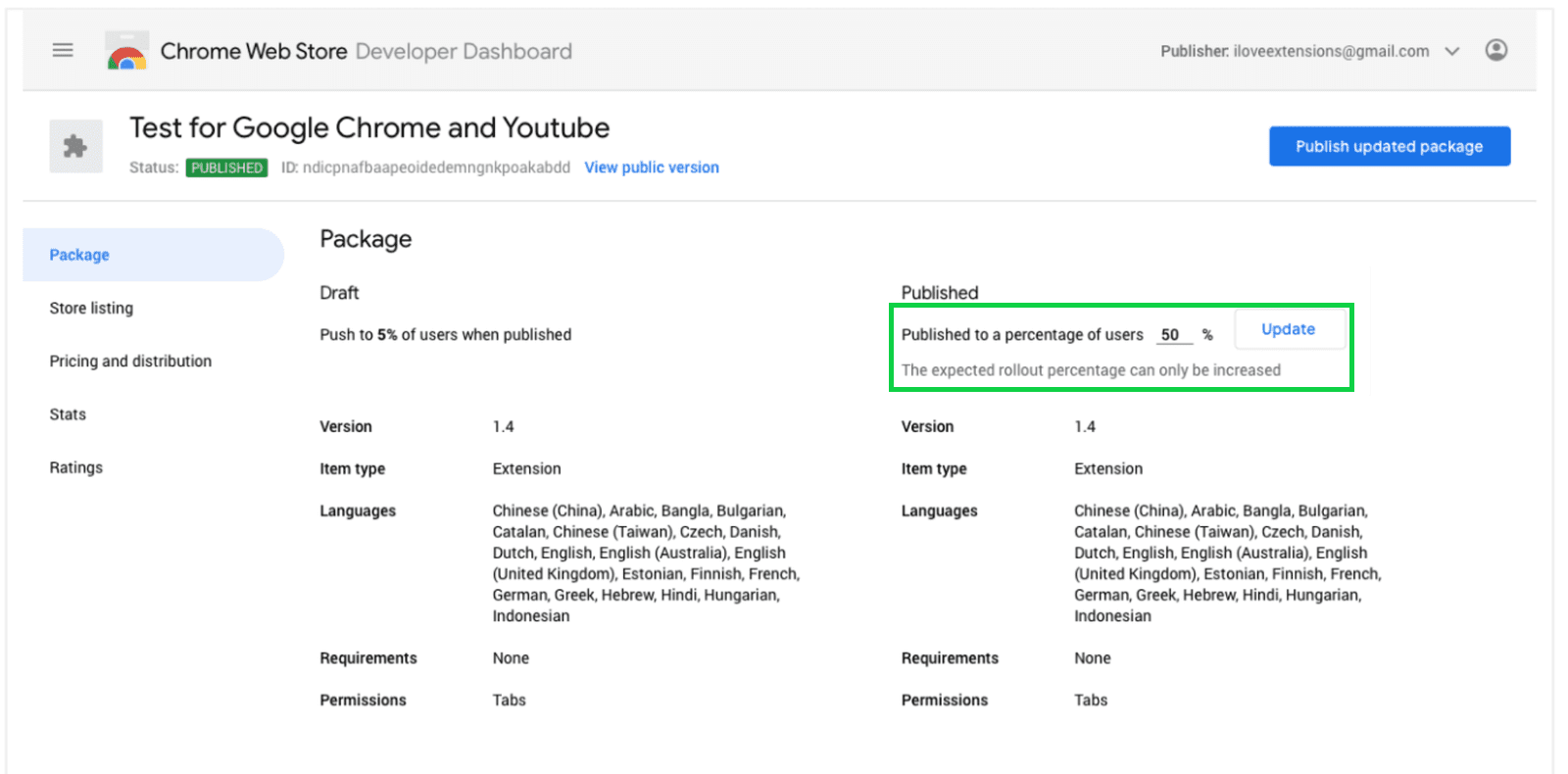 Chrome 線上應用程式商店更新百分比發布欄位的螢幕截圖