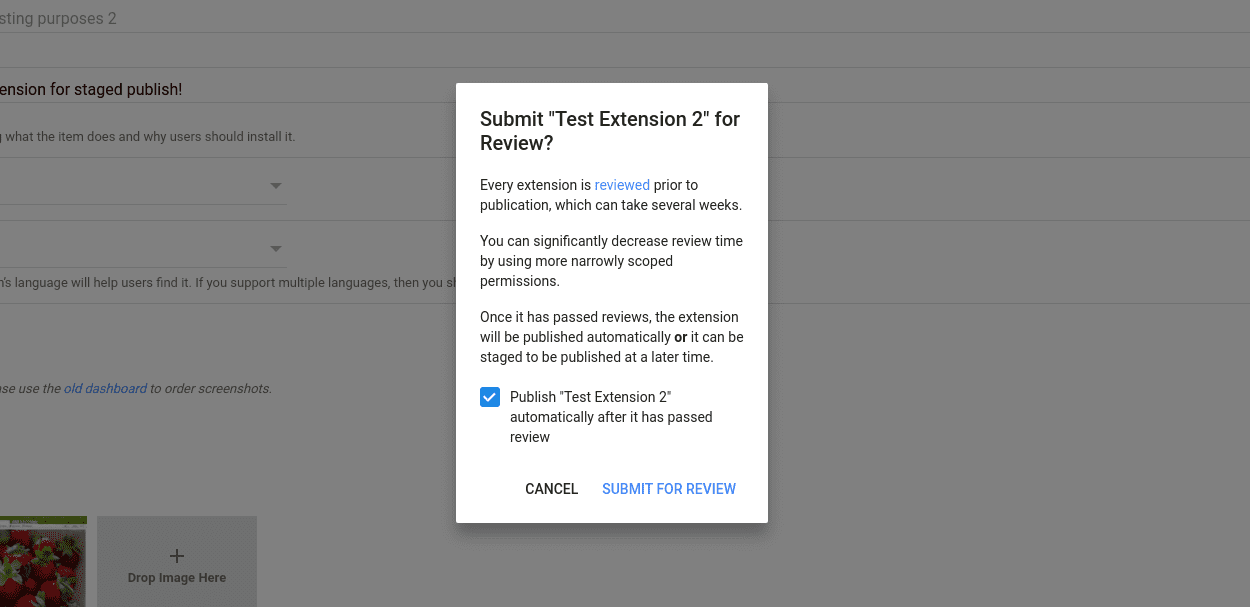 Zrzut ekranu z oknem potwierdzenia przesłania w Chrome Web Store