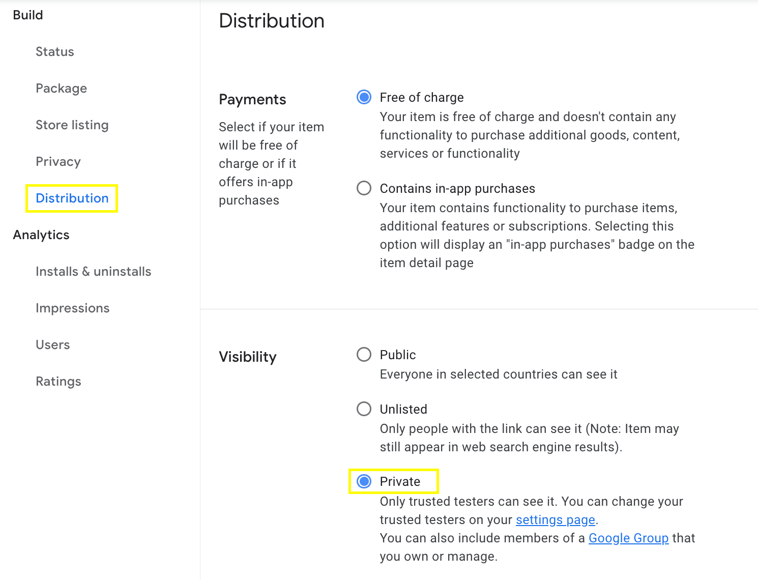 Como definir a visibilidade como "Particular" na guia "Distribuição"