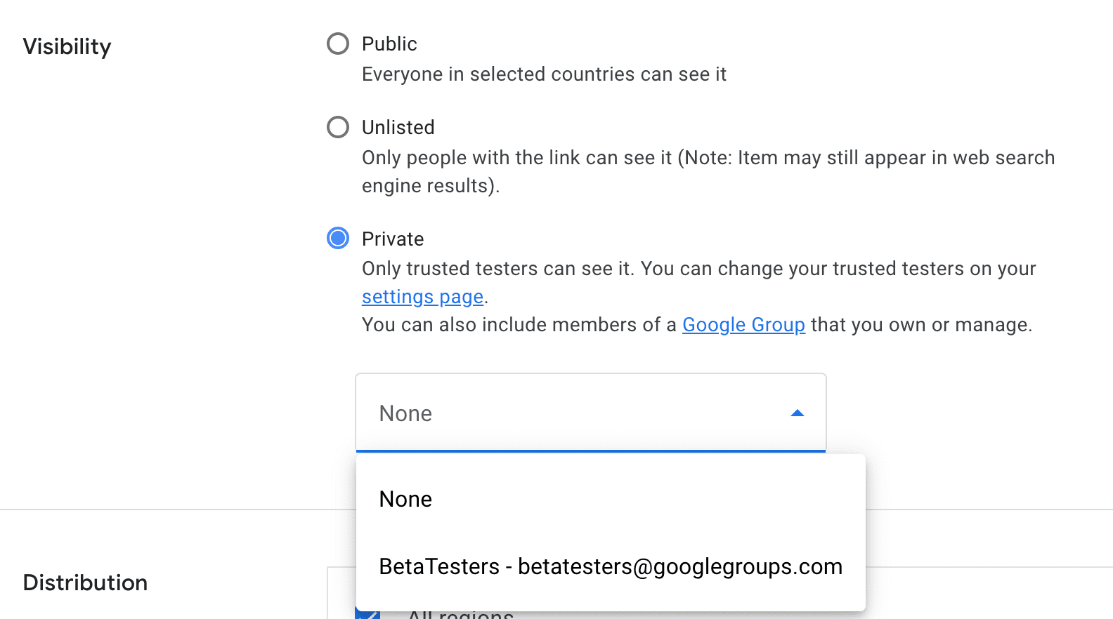 Definir a visibilidade como particular e escolher um Grupo do Google para distribuir a extensão.