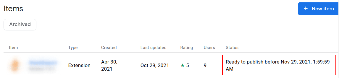 État de l'élément en préproduction dans le tableau de bord du développeur