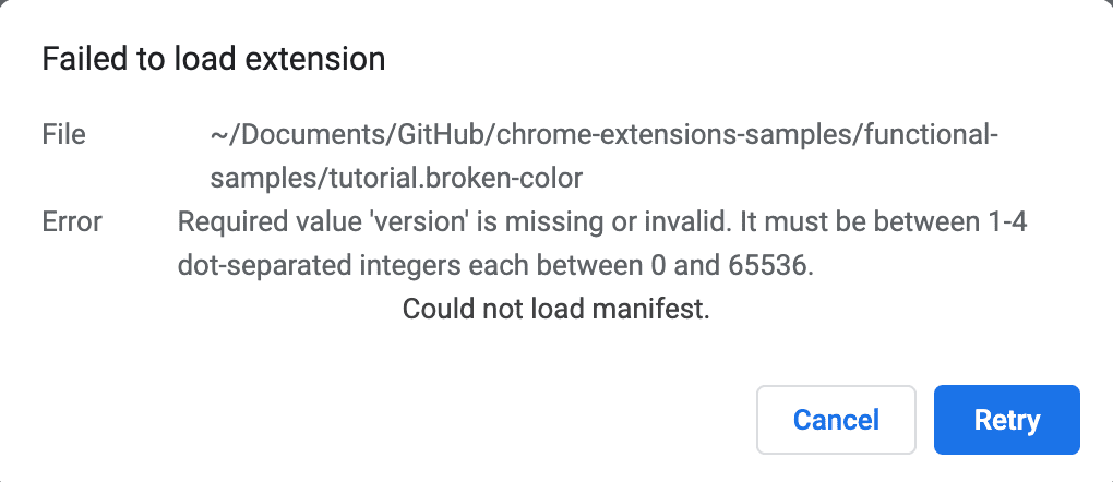 An extension with an invalid manifest key triggering an error dialog when attempting to load.