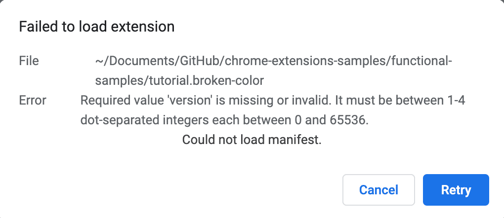 Un&#39;estensione con una chiave manifest non valida che attiva una finestra di dialogo di errore durante il tentativo di caricamento.