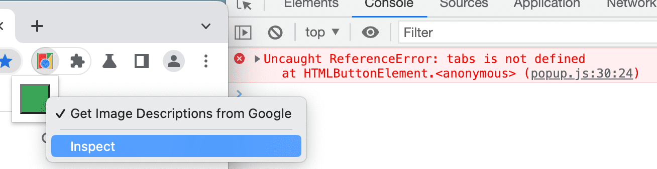 DevTools che mostra l&#39;errore popup.