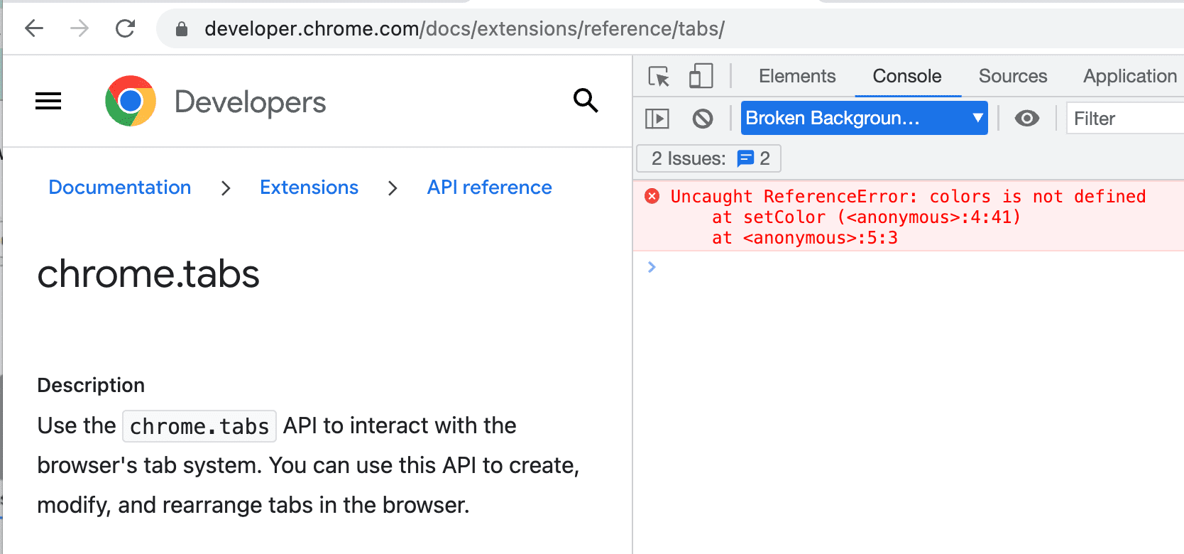 Extension error displayed in web page console