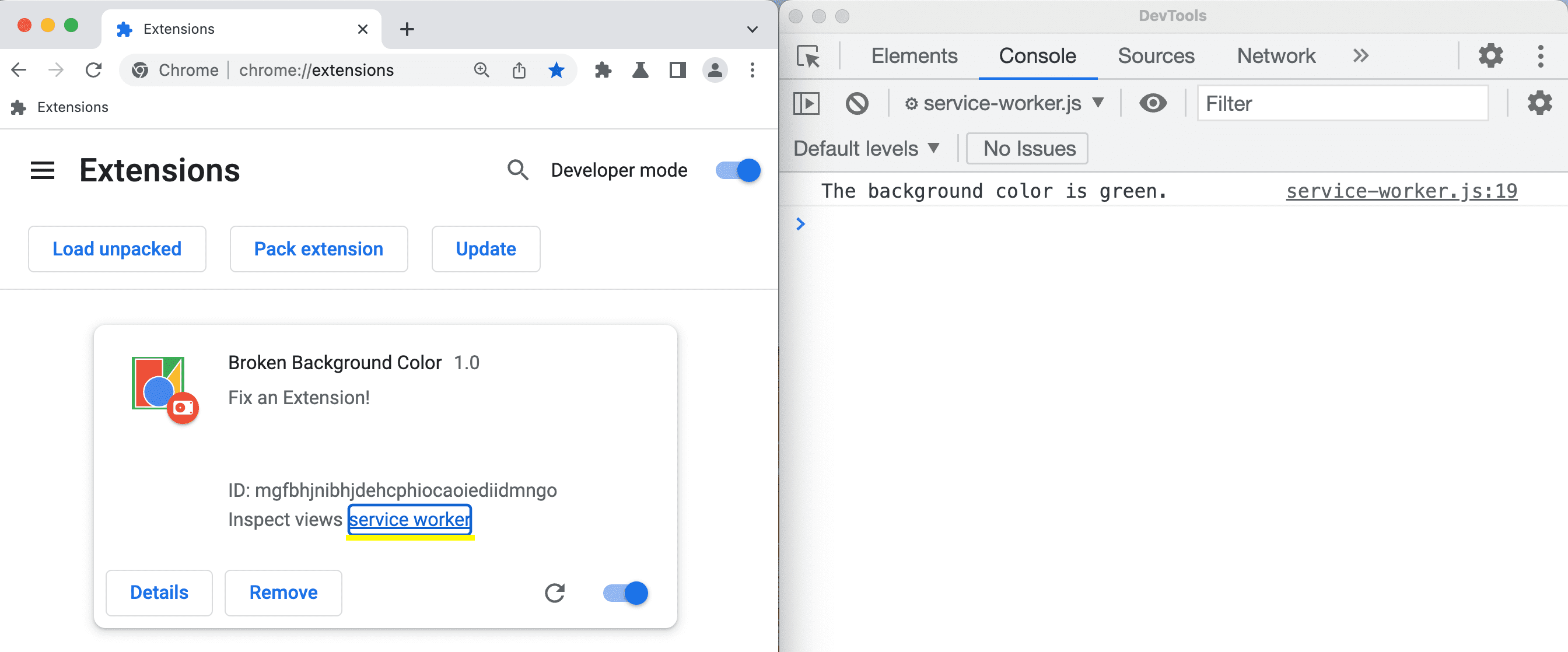 Opening the DevTools for the extension service worker.