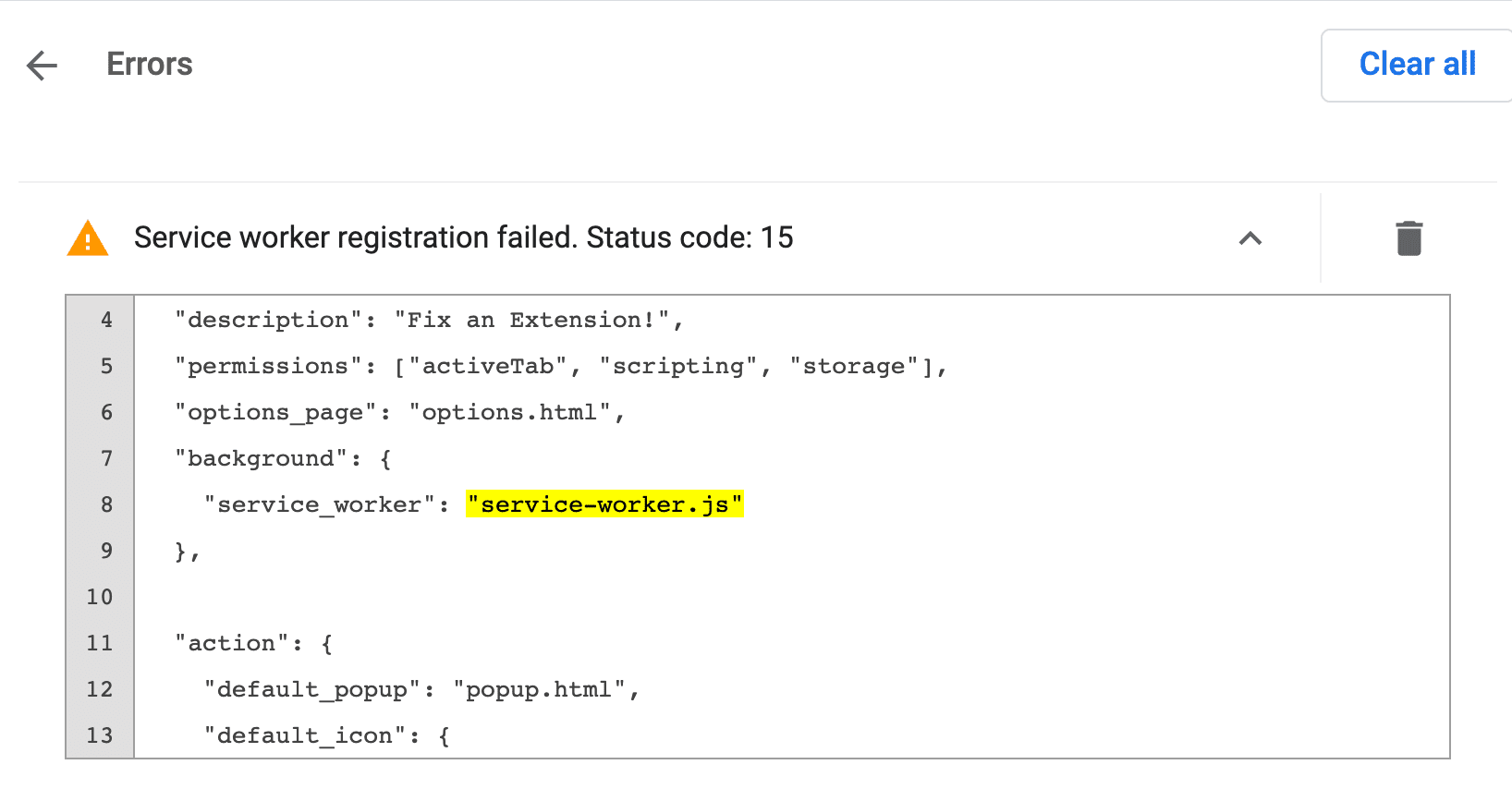Échec de l'enregistrement du service worker. Code d'état: message d'erreur 15