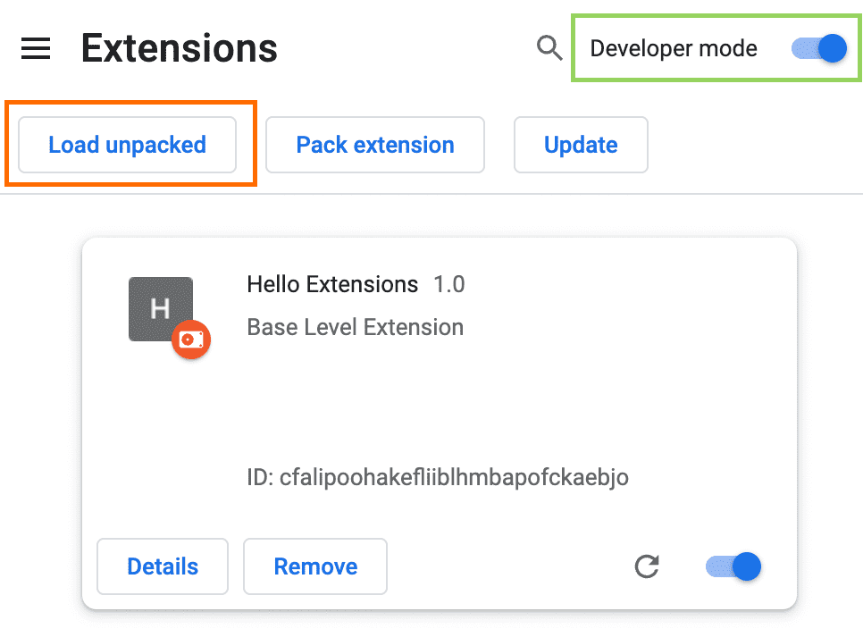 Developer mode toggle in Chrome Extensions page