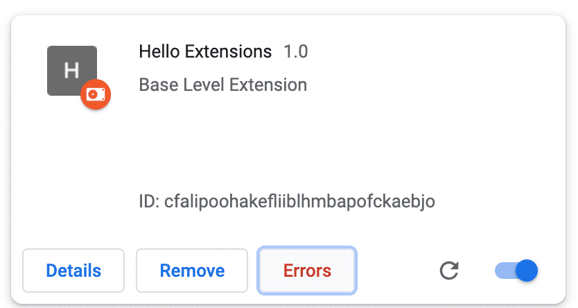 Extensions page with error button