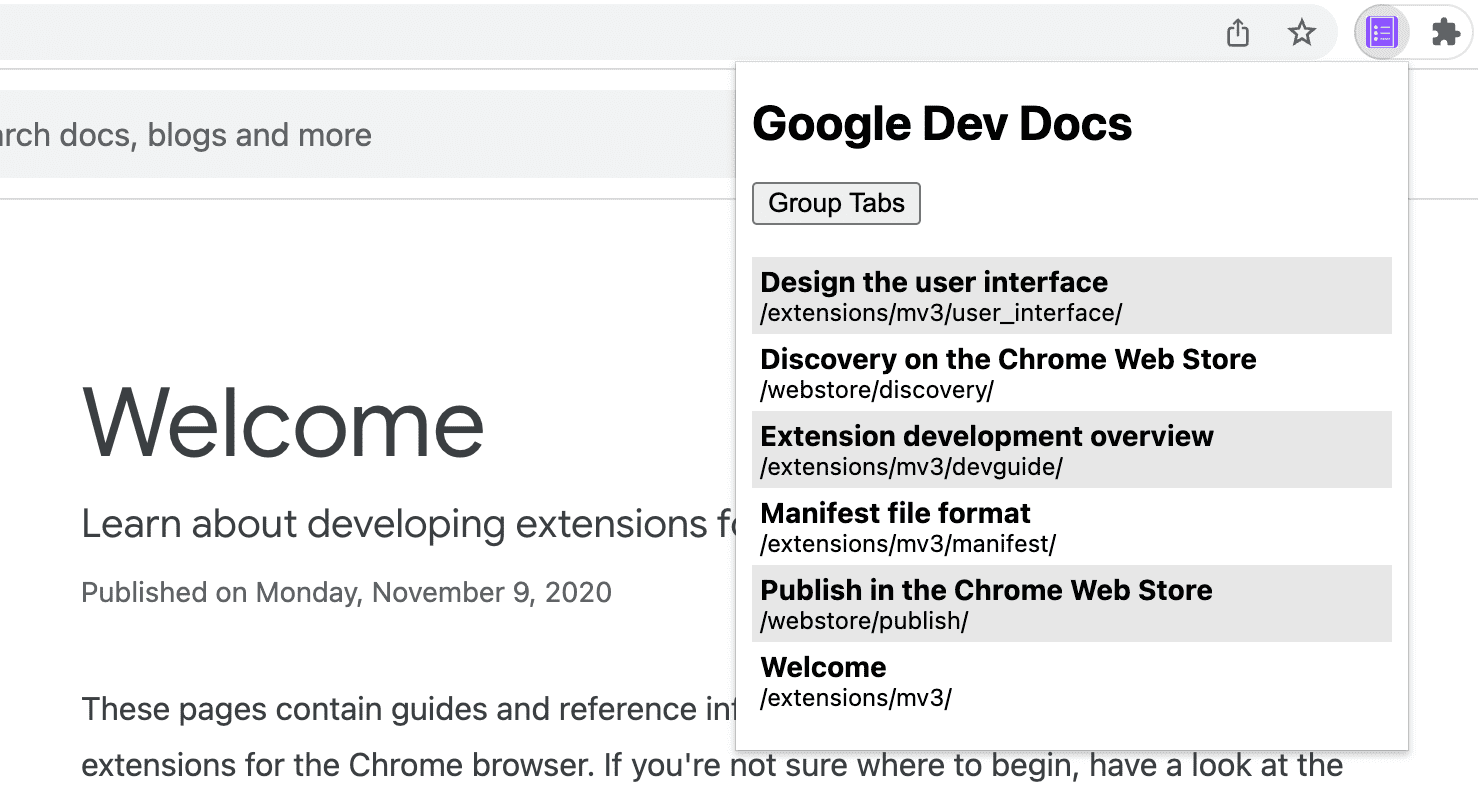 Pop-up der Erweiterung „Tabs Manager“