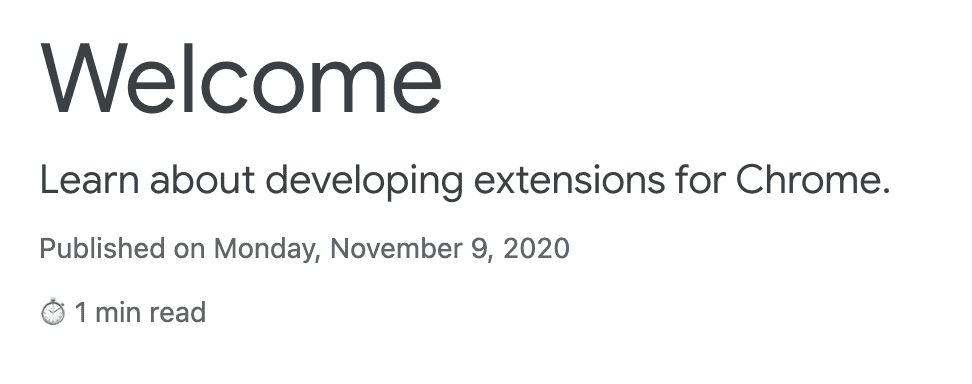Reading time extension in the extension's Welcome page
