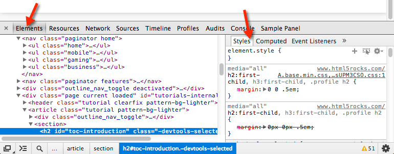 Fenêtre &quot;DevTools&quot; affichant le panneau &quot;Elements&quot; et le volet de la barre latérale &quot;Styles&quot;.