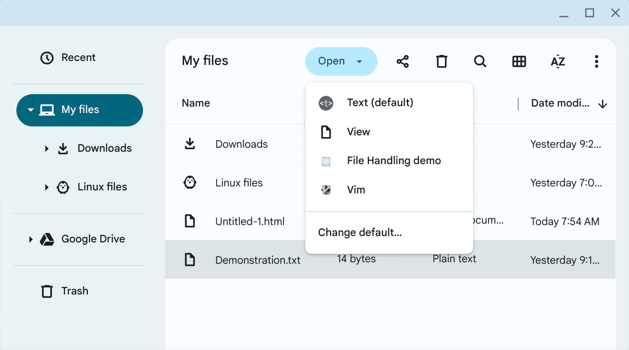 Un gestore di file aggiunto al menu Apri di ChromeOS.