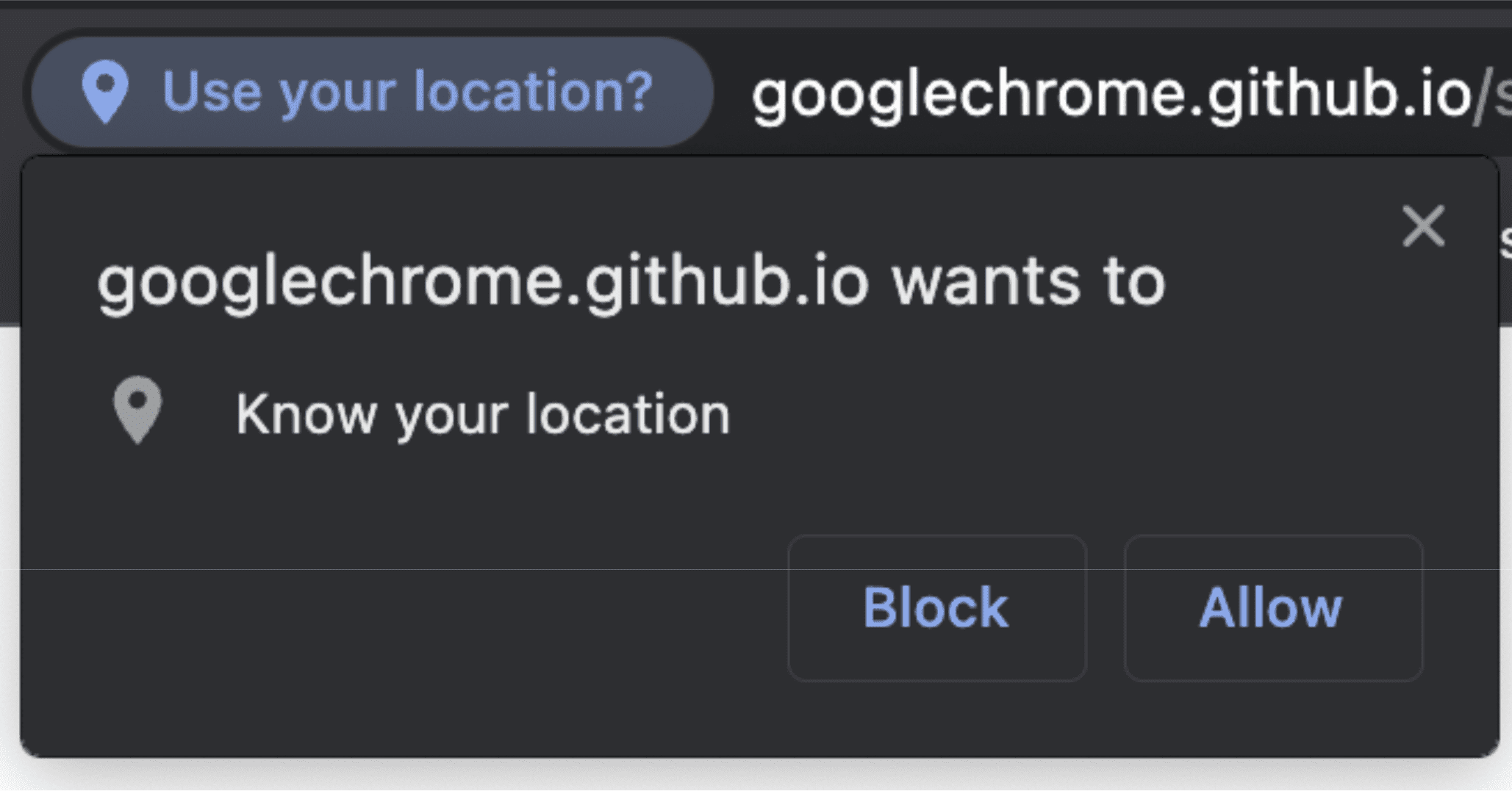 A screenshot of the permission prompt you see when a website requests access to the geolocation api